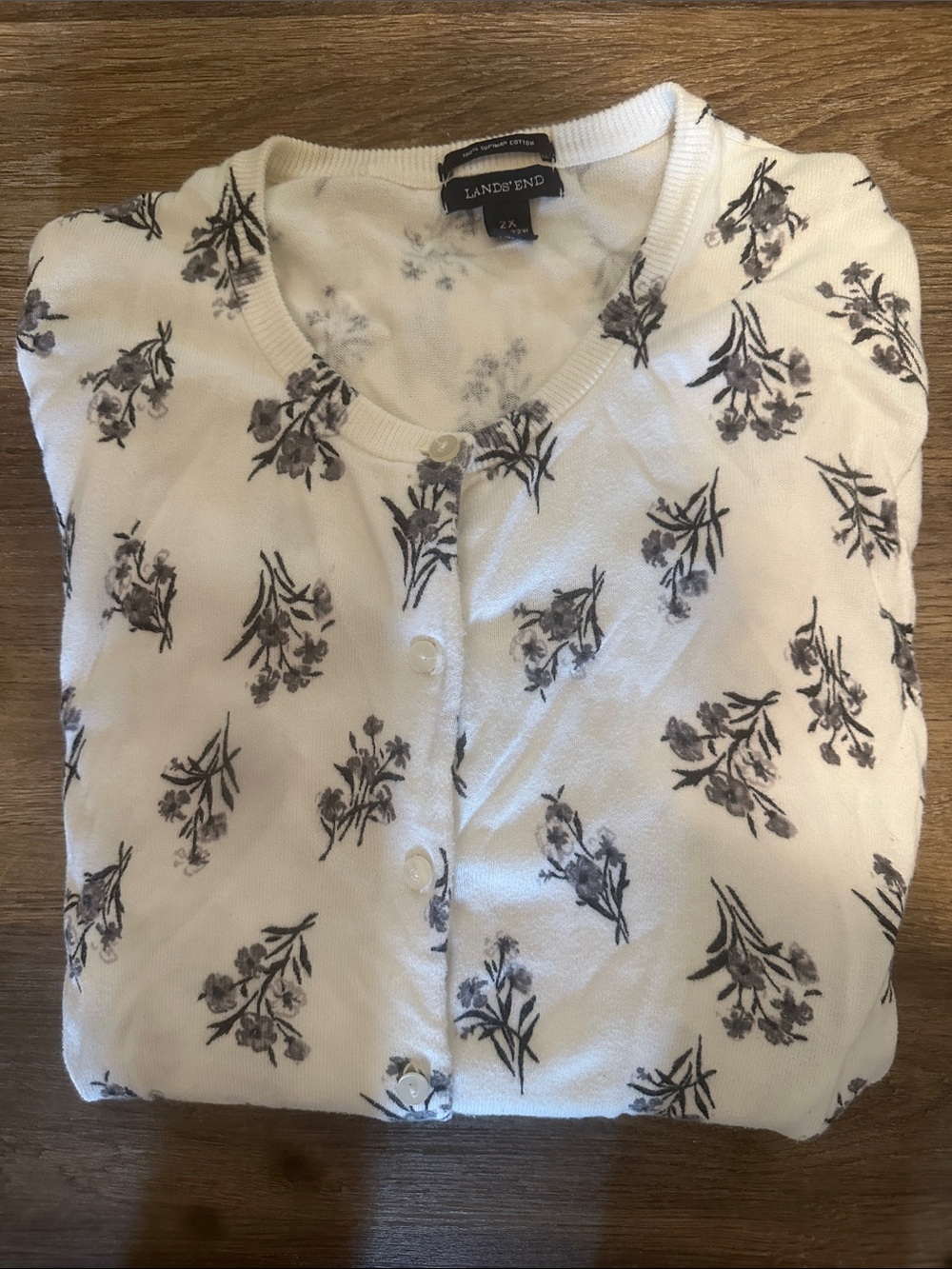 Lands' End White Cardigan with Gray Floral Print